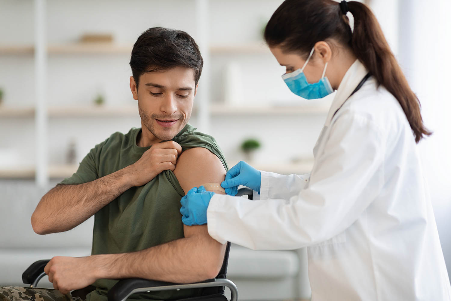 Injured soldier got vaccinated against COVID-19, clinic interior